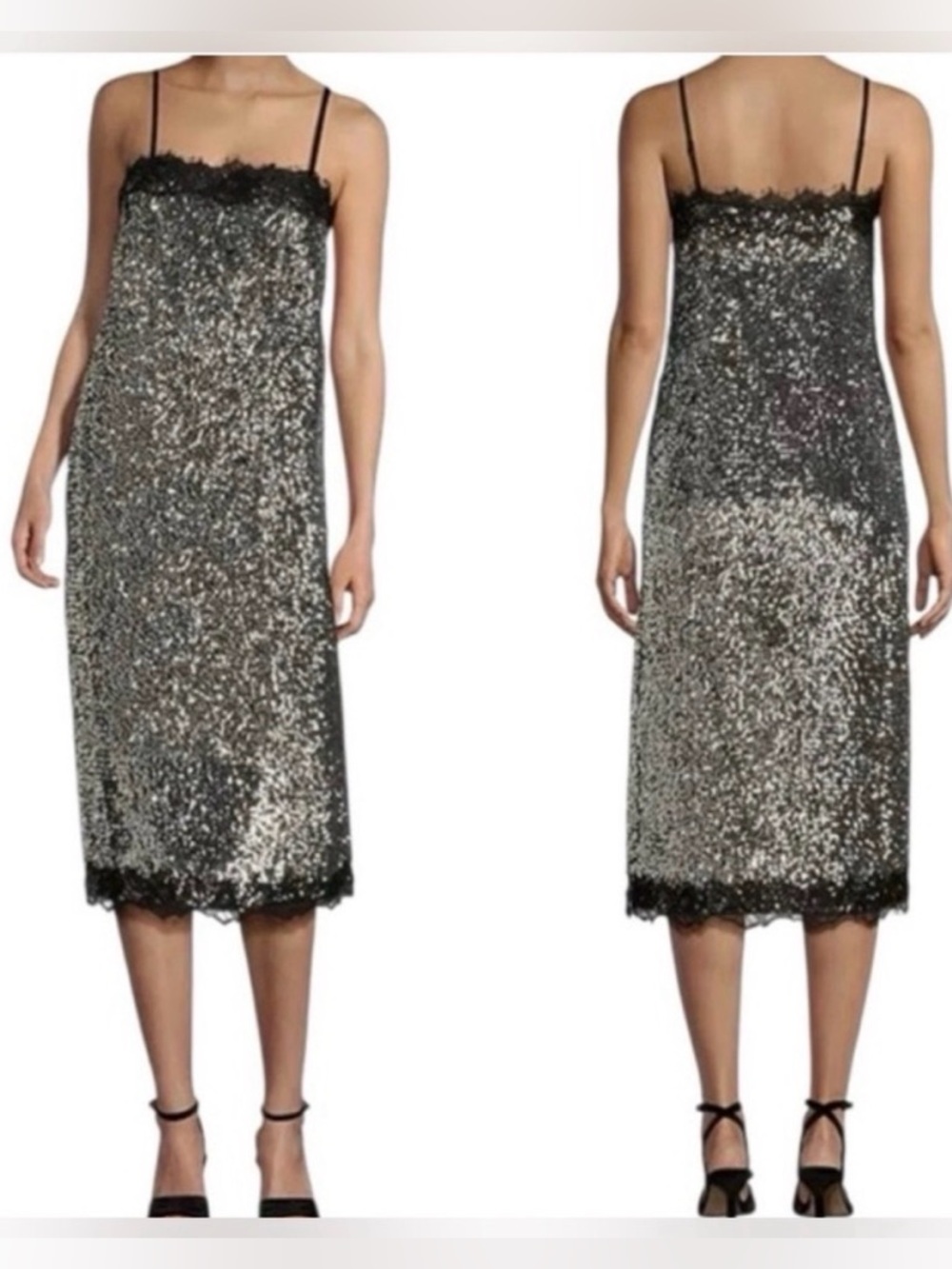 Lilly Sisto x GB Allegra Silver Sequin Black Lace Square Neck MIDI Dress Size 0